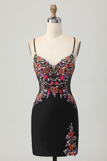 Bodycon Flower Spaghetti Straps Little Black Dress